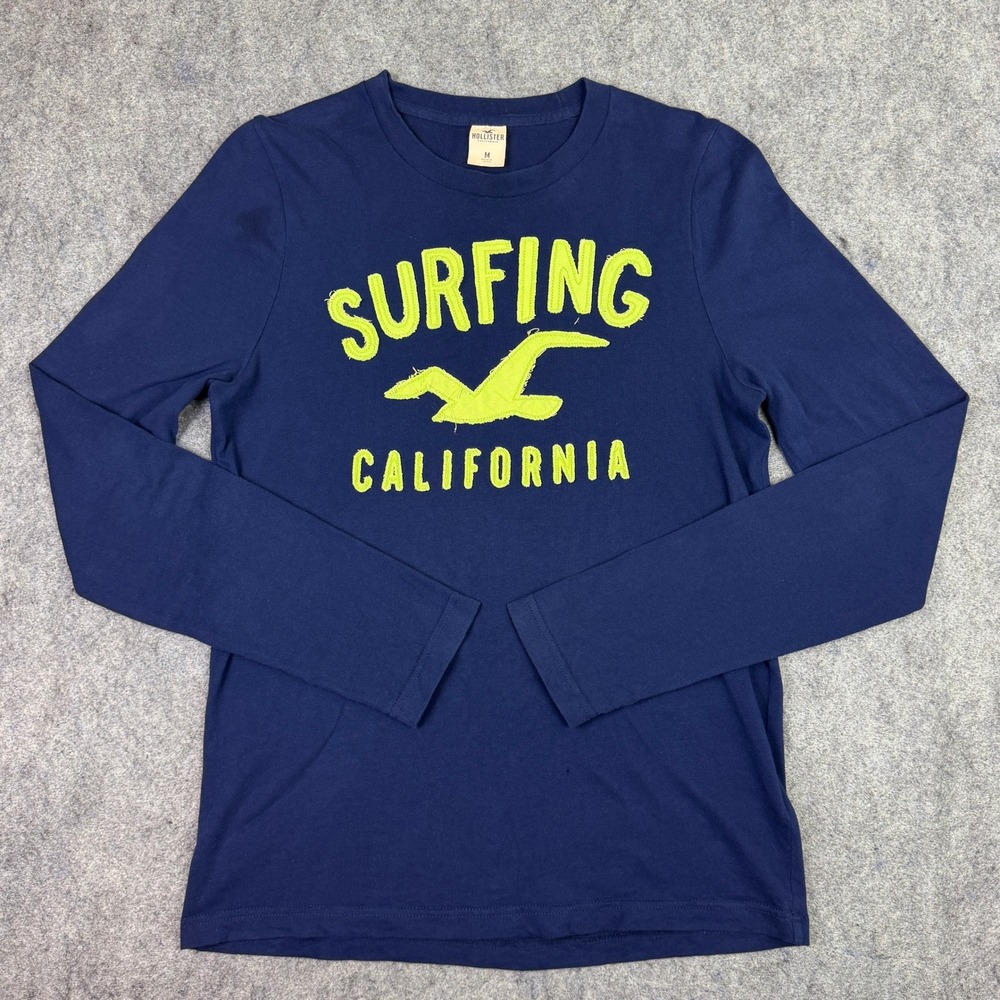 Hollister Mens Surfing California Long Sleeve Graphic Tee Navy Blue Size M